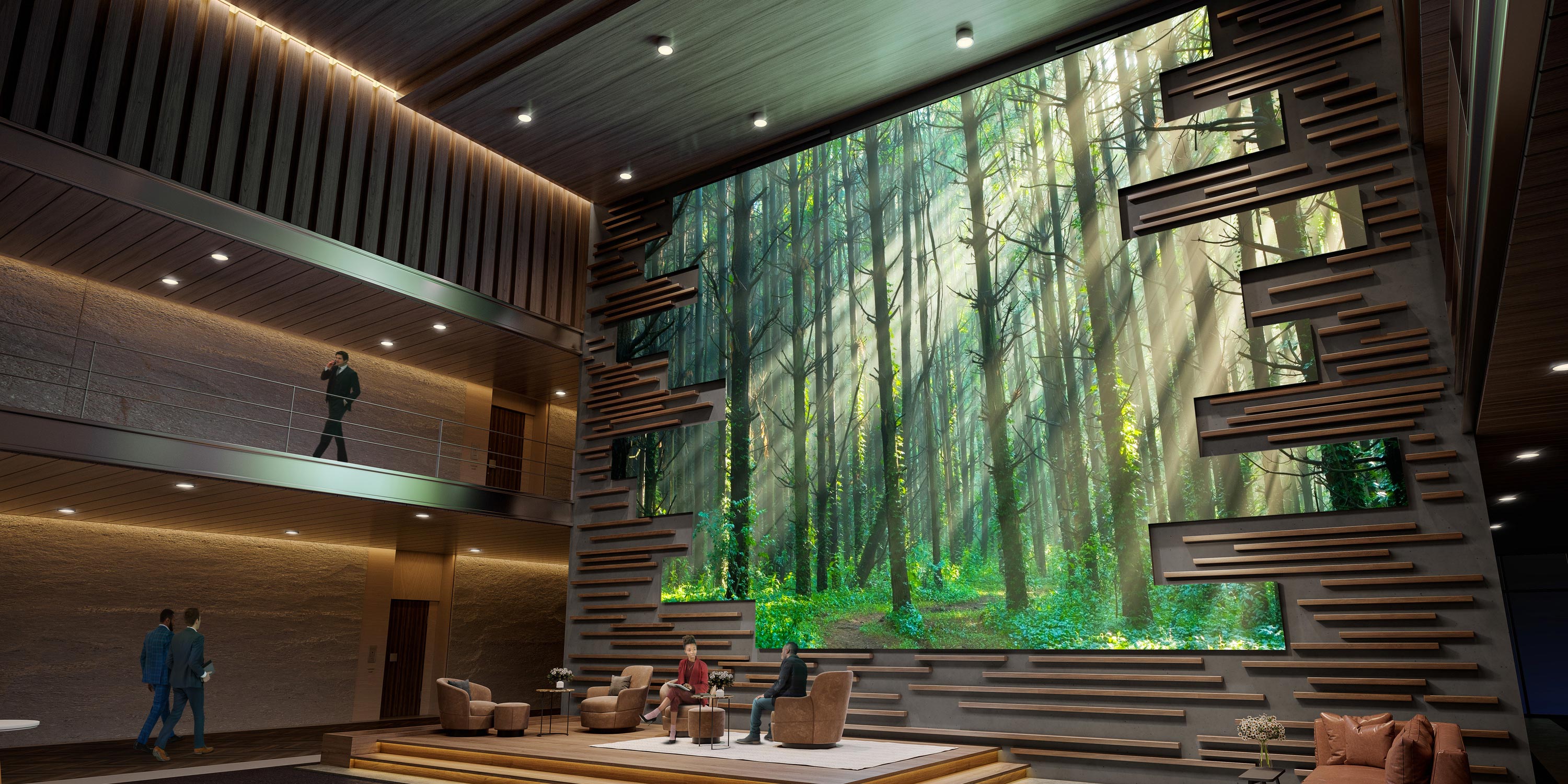 Modern lounge with a large digital forest-themed video wall