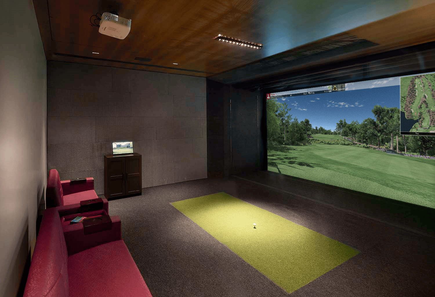 A professional golf simulator setup with swing analysis and interactive feedback.