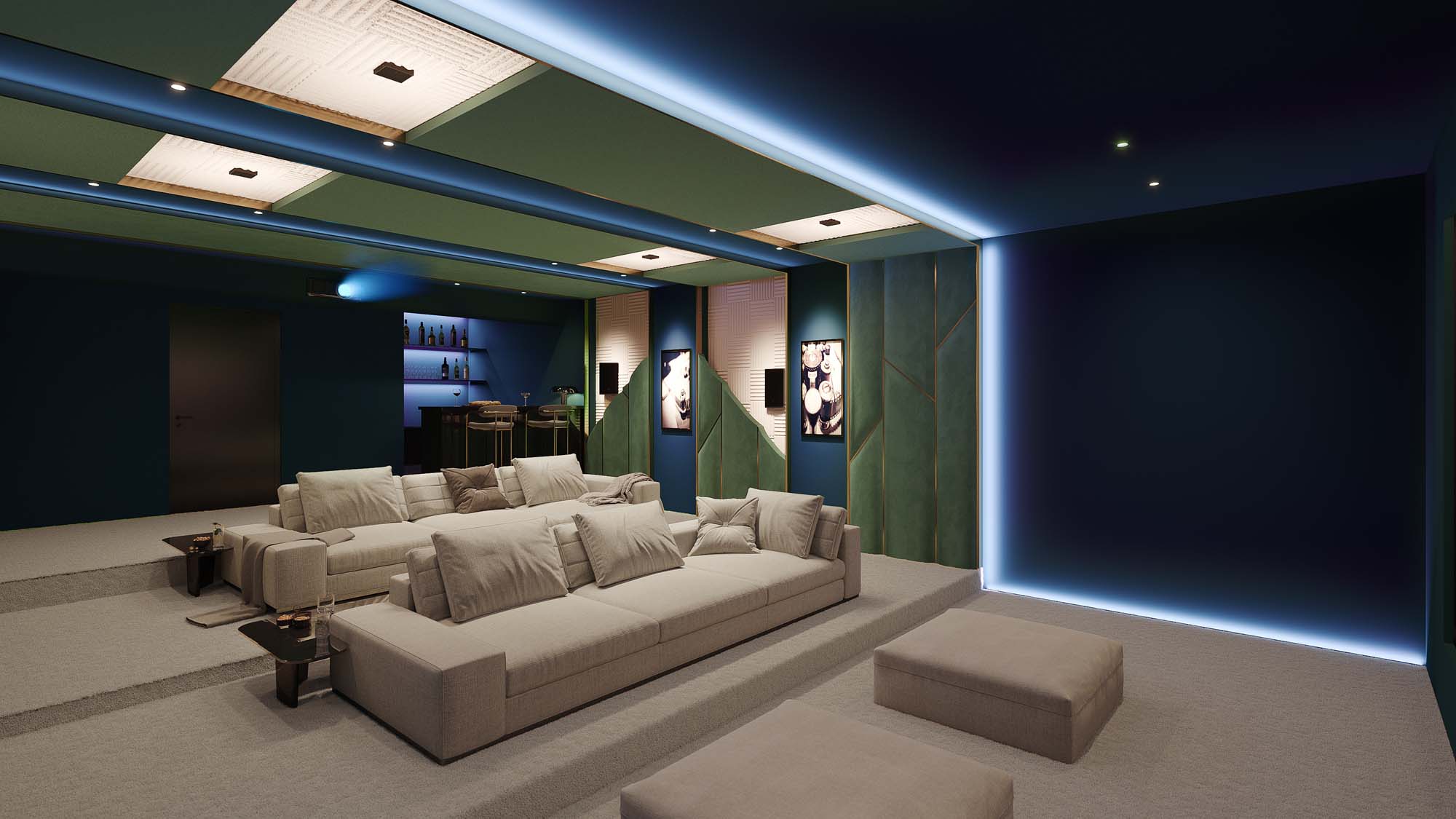 Modern home theater with recessed lighting, plush seating, and wall speakers
