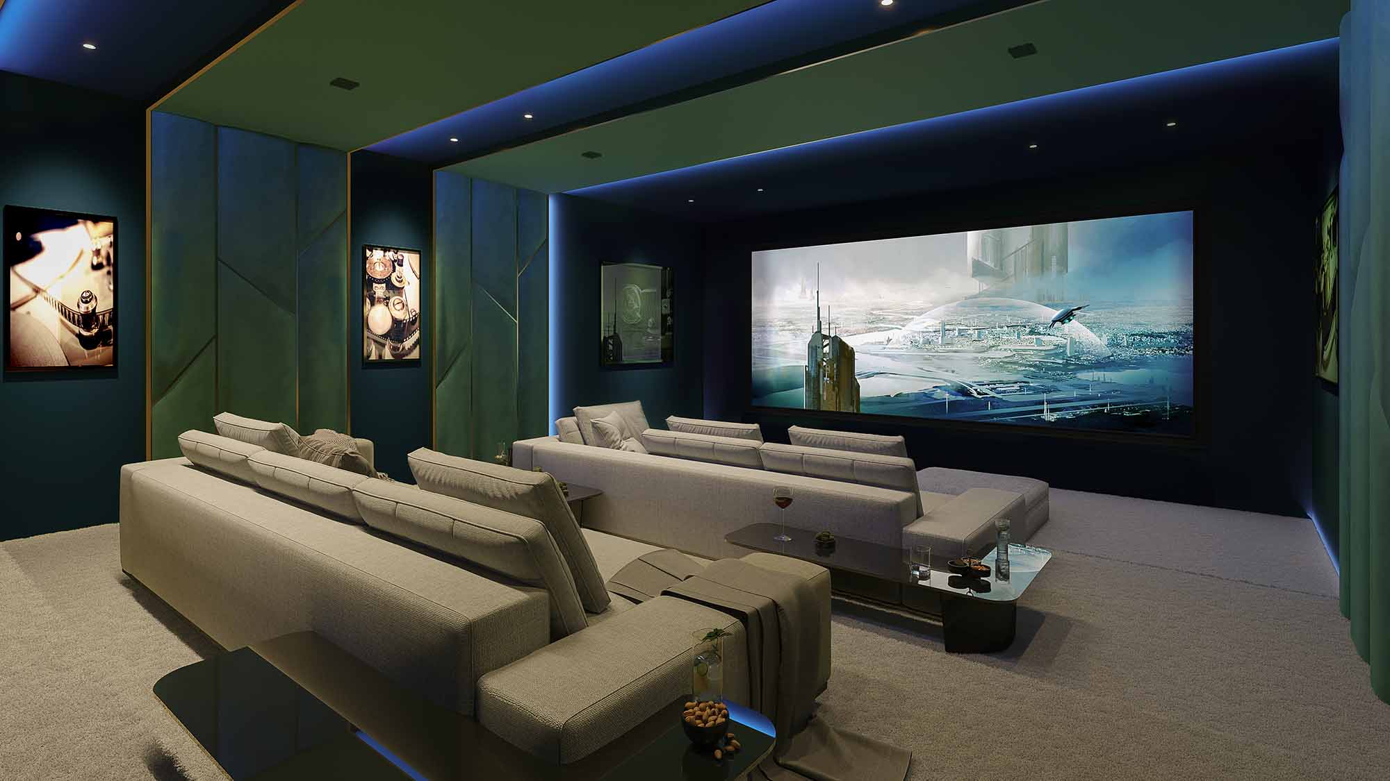 Home theater with plush seating and large wall-mounted screen displaying futuristic scenery