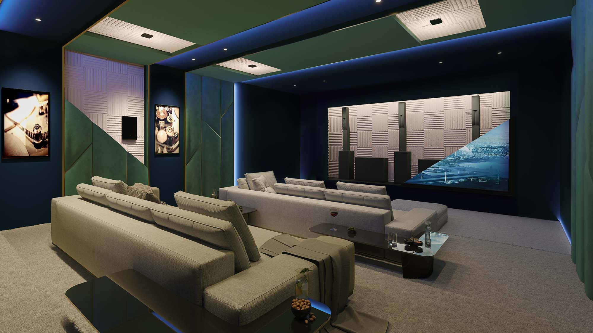 Luxurious home theater revealing hidden speakers behind an acoustic panel over TV screen