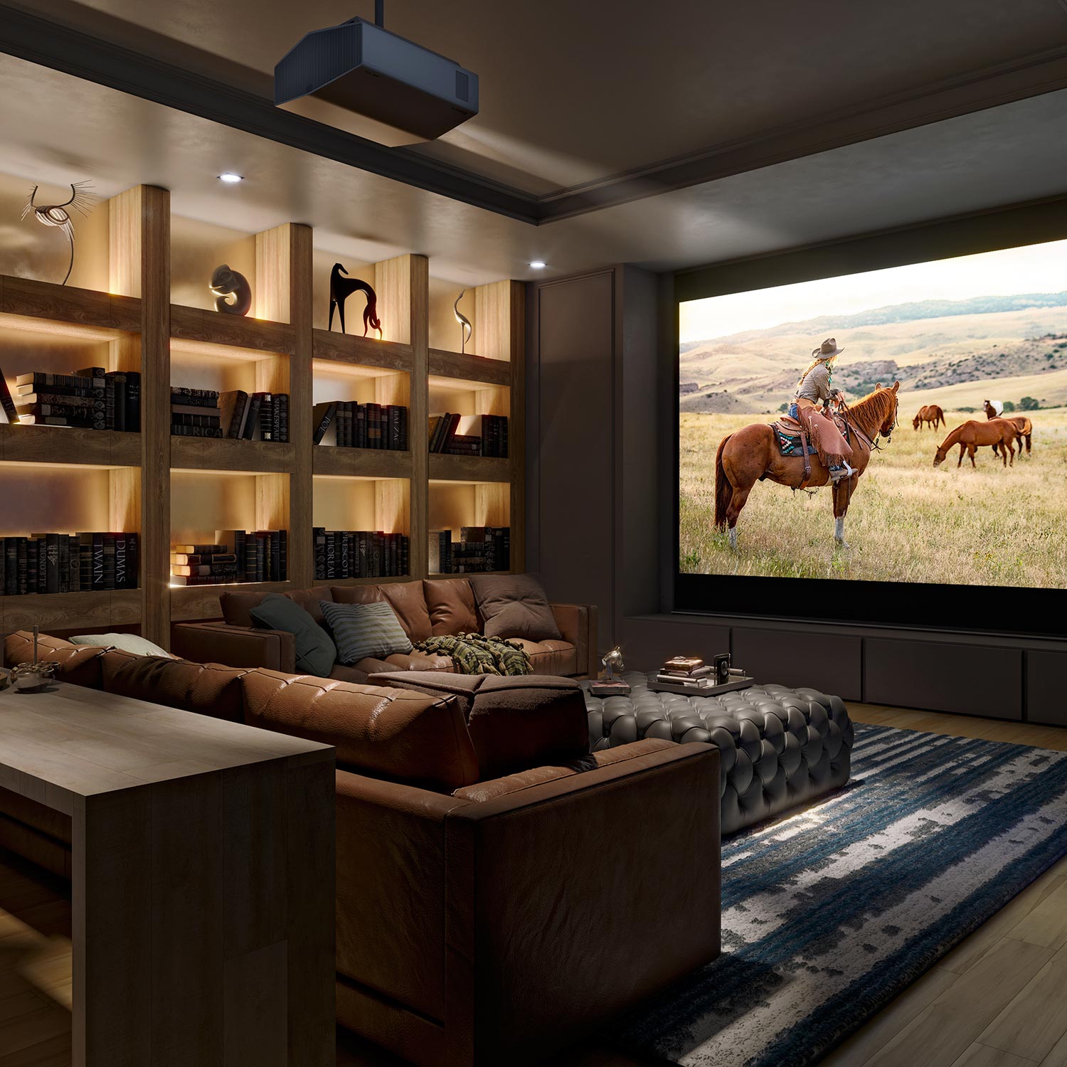 Elegant home theater with bookshelf lighting and a projector
