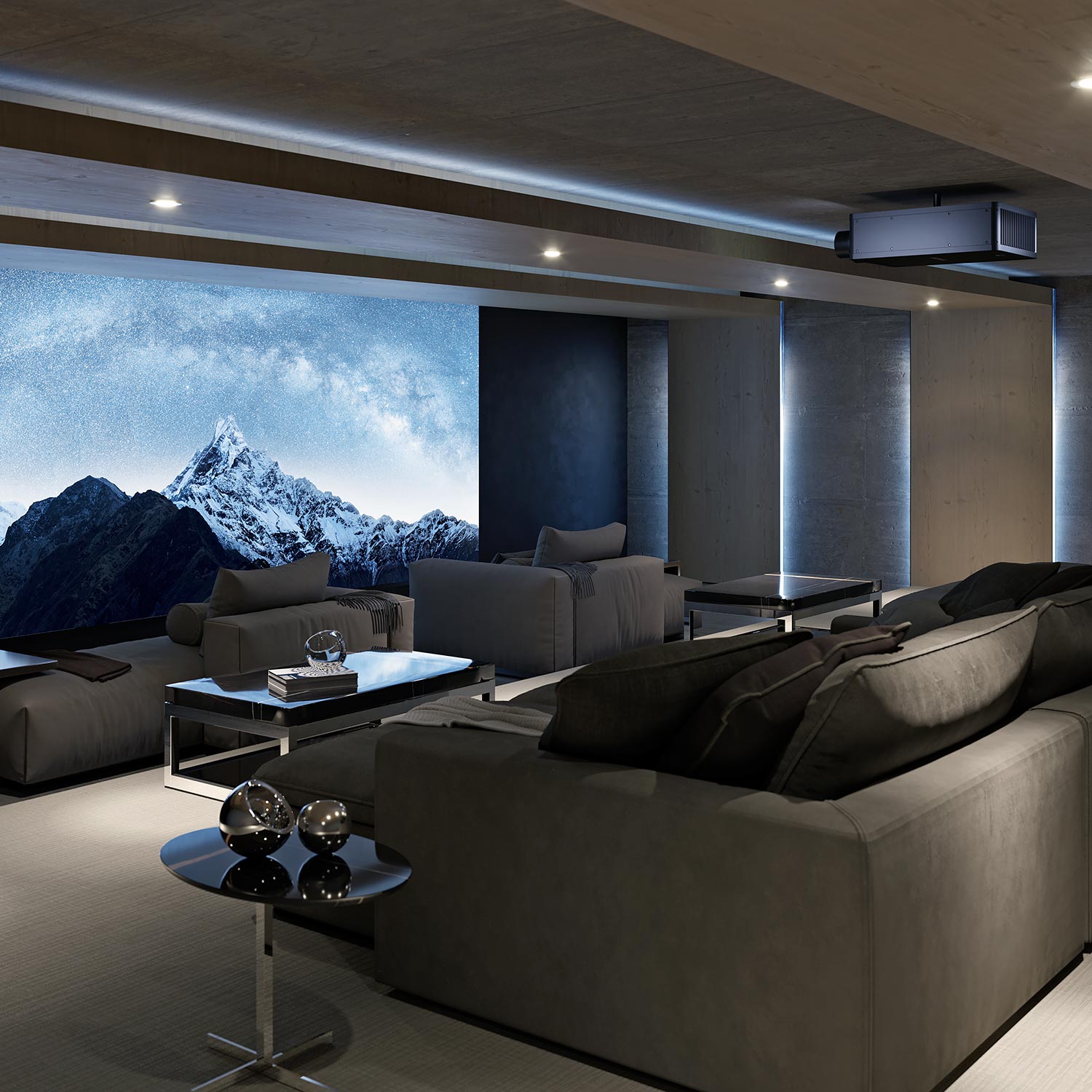 Modern home theater with a large screen and gray sofas