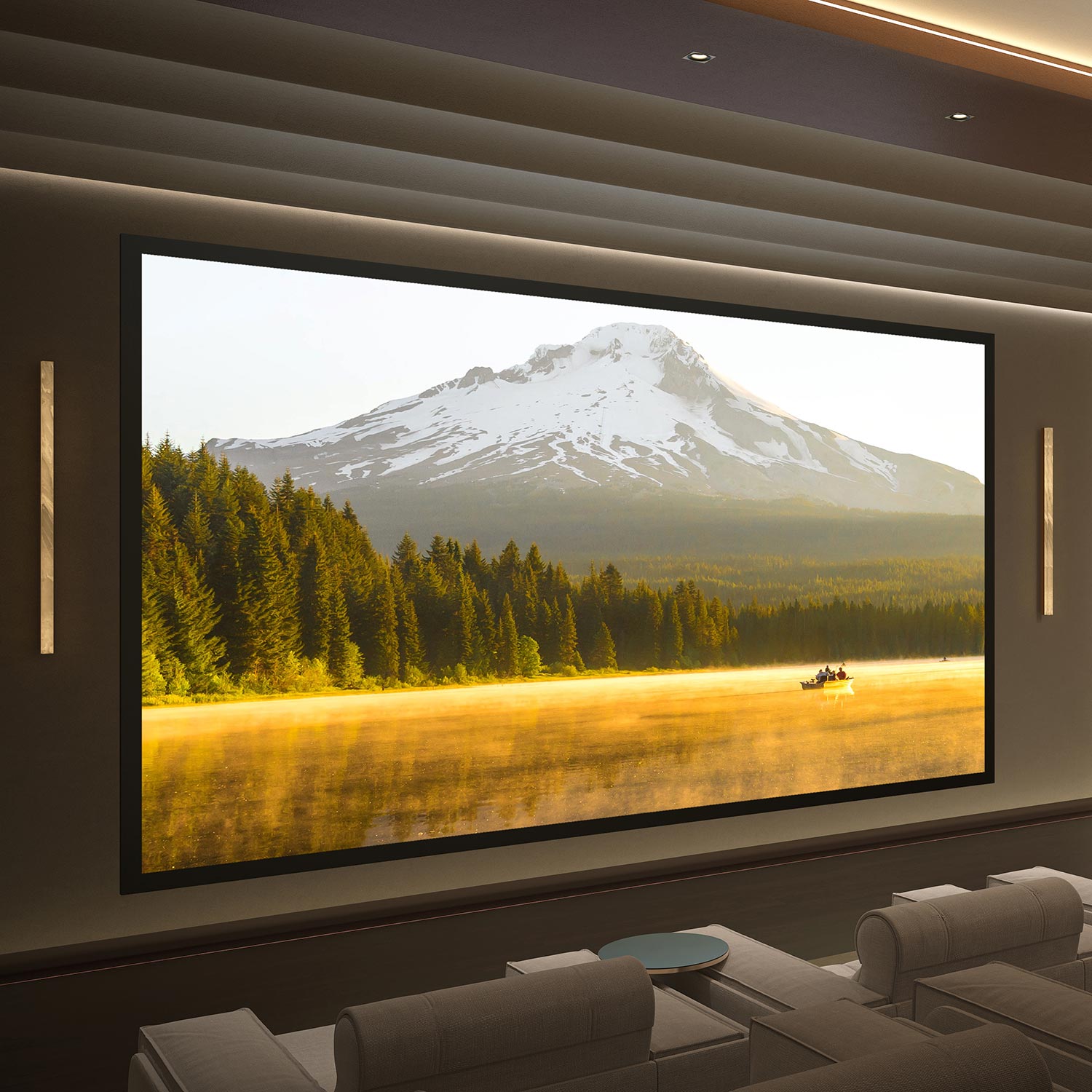 Luxurious home theater with a massive screen showing a mountain scene