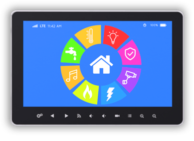 Smart home control panel with colorful icons representing various home automation functions