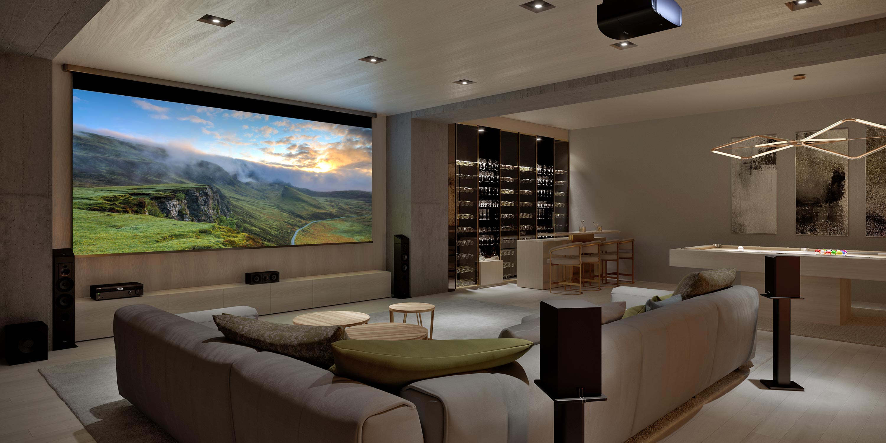 Luxury bar and game room with a large projector screen and seating