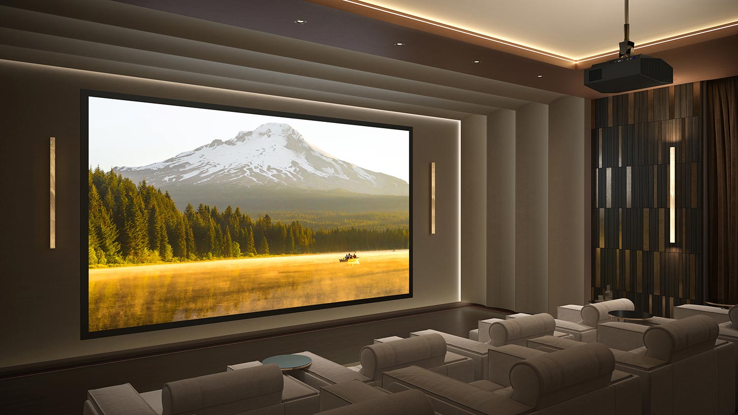 Luxury home theater with tiered seating, ceiling projector, and large screen showing nature scene