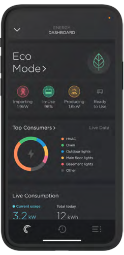 Smartphone displaying an energy dashboard with Eco Mode settings