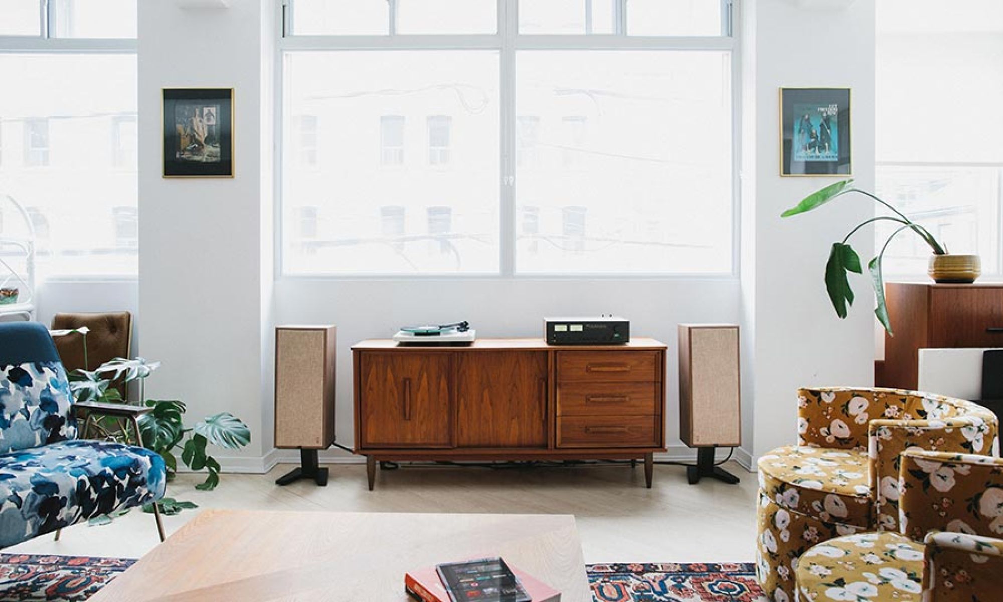 Mid-century modern living room with speakers