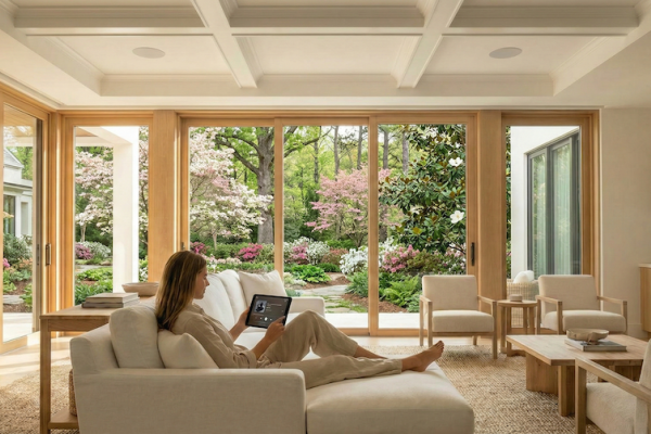 A woman sitting on a white couch, holding a tablet. The room features floor-to-ceiling windows, showing cherry blossom trees outside.
