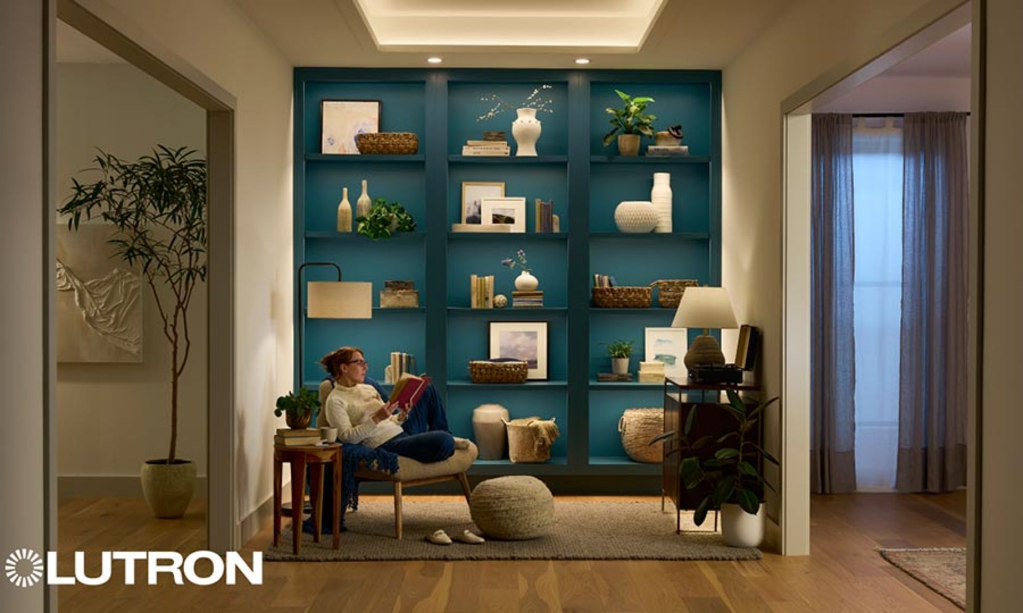 Cozy reading nook with built-in shelving