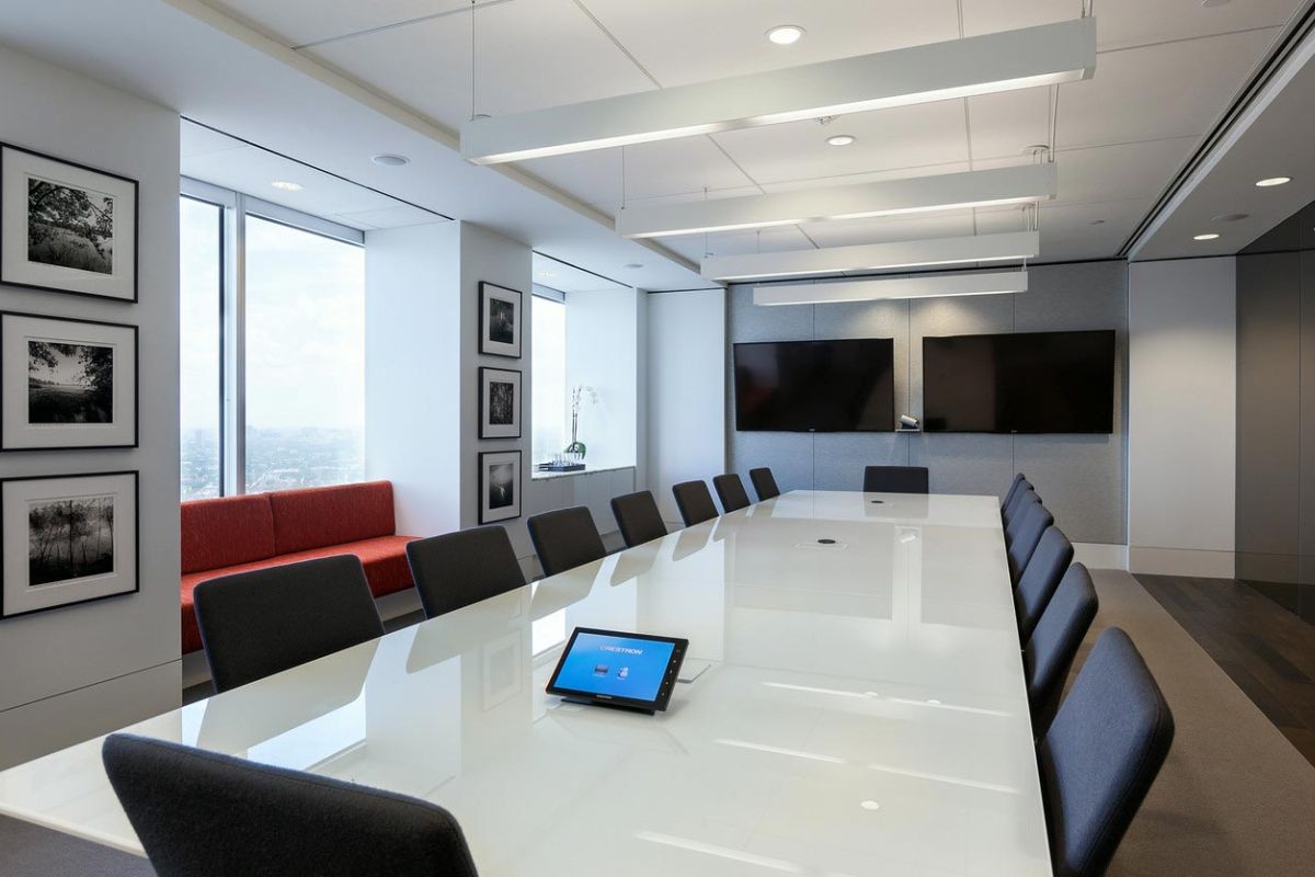 Spacious boardroom with glass walls and panoramic windows