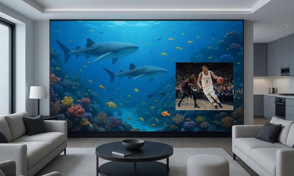 <span class="uk-h4">Luxury living room with a full-wall MicroLED display showing underwater scenery and a basketball game in split-screen mode.</span>