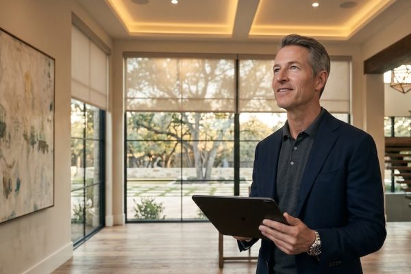 A man holds a tablet and looks up, smiling inside a luxury living room with large windows and warm lighting.